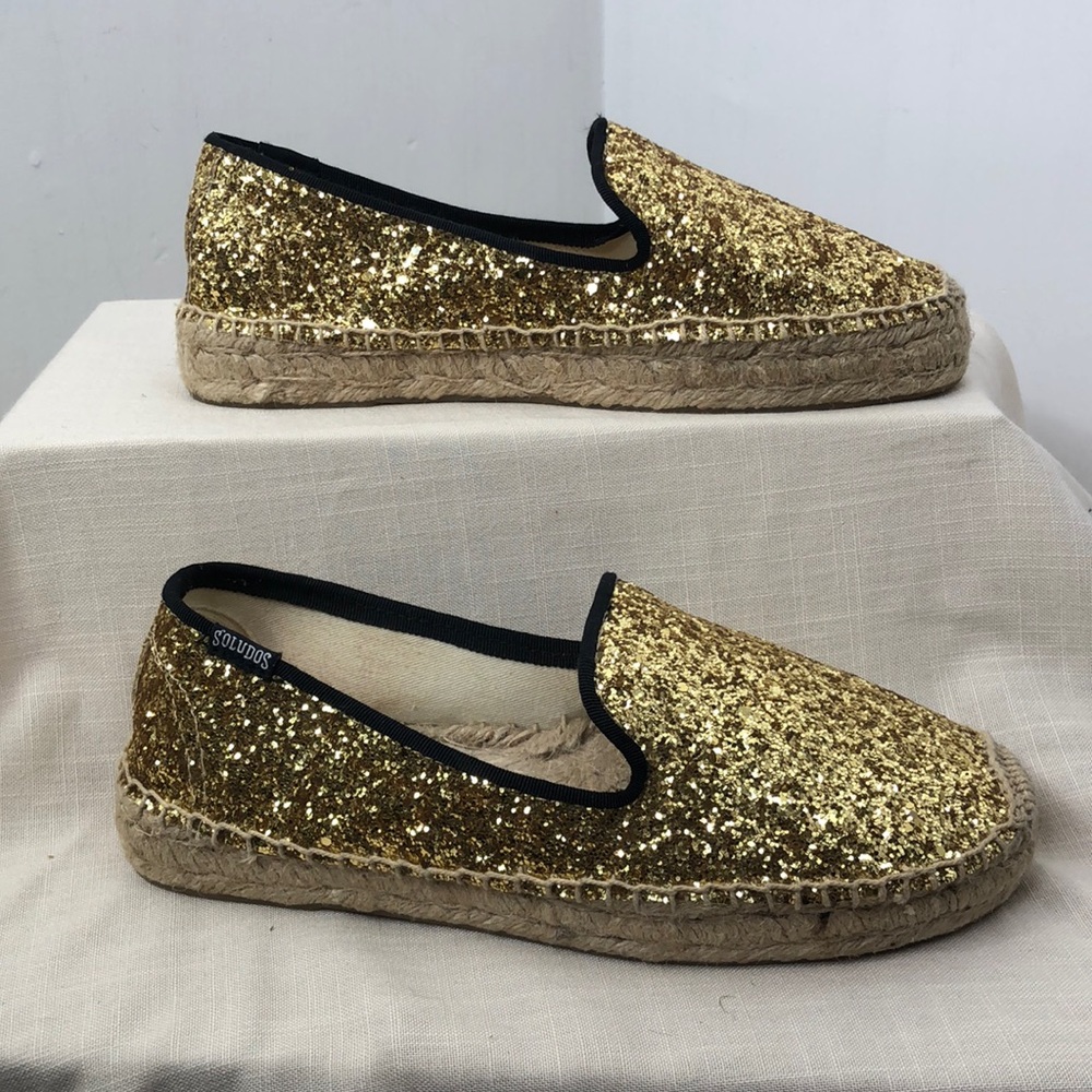 Soludos gold glitter espadrilles black trim EUC